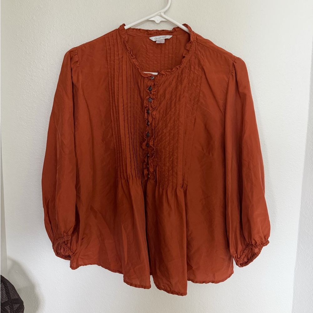 Garnet Hill Button Pleated Blouse 6P Flowy 100%Silk Quiet Luxury Coastal Grandma